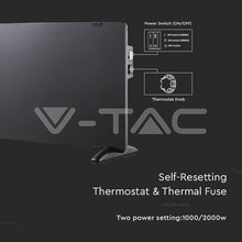 SKU 8662 2000W Конвектор Стъкло Алуминиев Нагряващ Елемент Черна IP24 с марка V-TAC