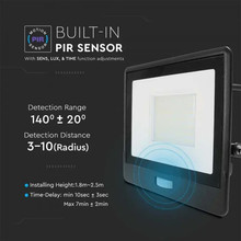 LED Прожектор с PIR сензор 50W 6500К SAMSUNG ЧИП Черно Тяло и 1 метър кабел SKU 20291 V-TAC