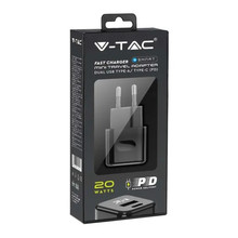SKU 6677 20W Заряден Адаптер 1PD + 1QC Порт Черен с марка V-TAC