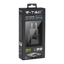 SKU 6679 30W Заряден Адаптер 1PD + 1QC Порт Черен с марка V-TAC