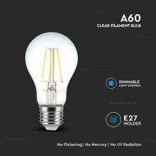 LED Крушка Е27 8W 3000К Филамент A60 Димираща SKU 212815 V-TAC