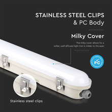 LED Влагозащитено Тяло M-Серия 1200мм 36W 4000K Мат Стоманен Клип 120 лумена на ват SKU 2120217 V-TAC