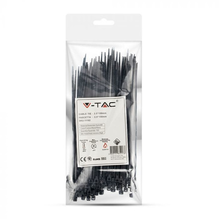 SKU 11162 Cable Tie - 2.5*150mm Black 100pcs/PackКабелна Превръзка - 2.5*150mm Черна 100бр Опаковка с марка V-TAC