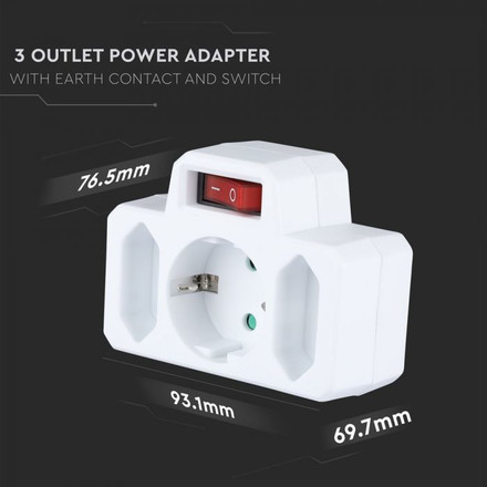 3 Outlet Power Adapter With Earth Contact And Switch 16A 250V ( Label + Polybag With Headcard)