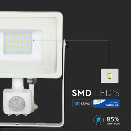 LED Прожектор със сензор 20W 6400К SAMSUNG ЧИП Бяло Тяло SKU 450 V-TAC