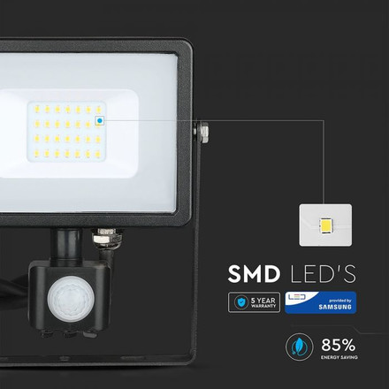LED Прожектор със сензор 20W 3000К SAMSUNG ЧИП Черно Тяло SKU 451 V-TAC