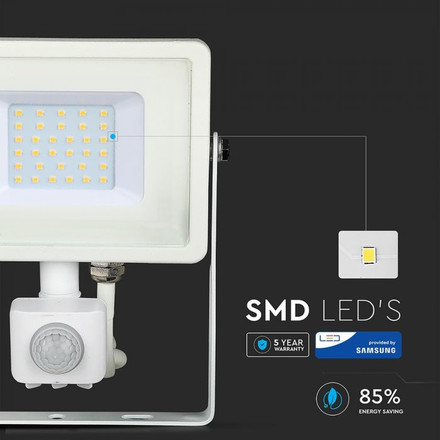 LED Прожектор със сензор 30W 6400К SAMSUNG ЧИП Бяло Тяло SKU 459 V-TAC