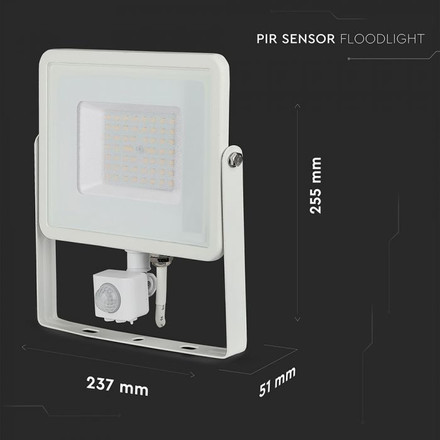 LED Прожектор със сензор 50W 3000К SAMSUNG ЧИП Бяло Тяло SKU 466 V-TAC