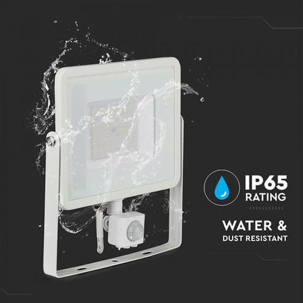 LED Прожектор със сензор 50W 3000К SAMSUNG ЧИП Бяло Тяло SKU 466 V-TAC