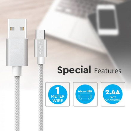 SKU 8489 1 M Micro USB Кабел Сребрист - Platinum Серия с марка V-TAC