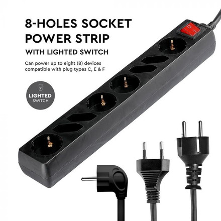8 Holes Socket Whit Switch (3G 1.5MM2 X 1.5M ) Polybag With Card Black 