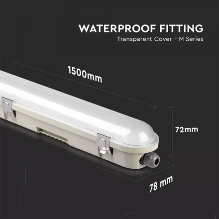 LED Waterproof Fitting M-SERIES 1500mm 48W 6400K Transperant SS Clip 120LM/W