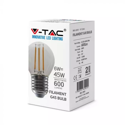 LED Крушка Е27 6W Filament G45 2700К SKU 2842 V-TAC