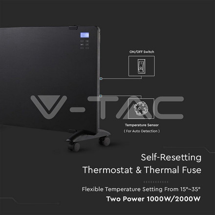 2000W Конвектор с дистанционно и колелца черен цвят SKU 8664 V-TAC