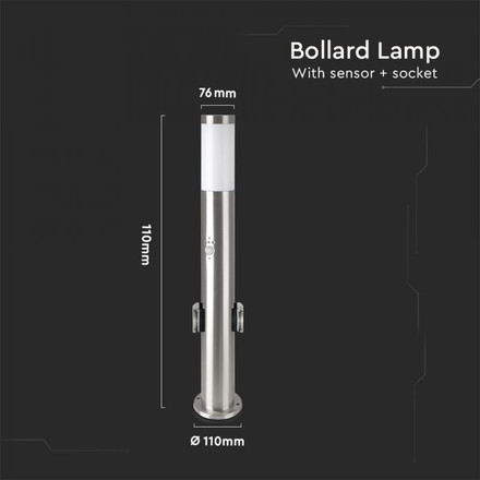 E27 Bollard Lamp 60CM  PIR Sensor With 2 EU Plug Sockets  Stainless Steel Satin Nickel IP44