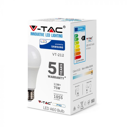 LED Крушка Е27 11W SAMSUNG ЧИП A60 3000K SKU 231 V-TAC