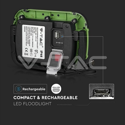 LED Прожектор с батерия 10W 6400К IP44 Презаредим USB + SOS Функция SAMSUNG ЧИП SKU 502 V-TAC