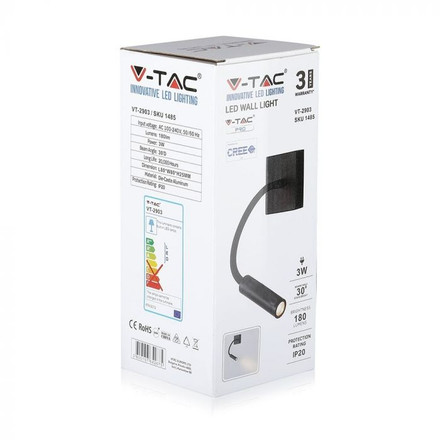 Аплик за стена 3W 3000К за спалня черен SKU 1485 V-TAC