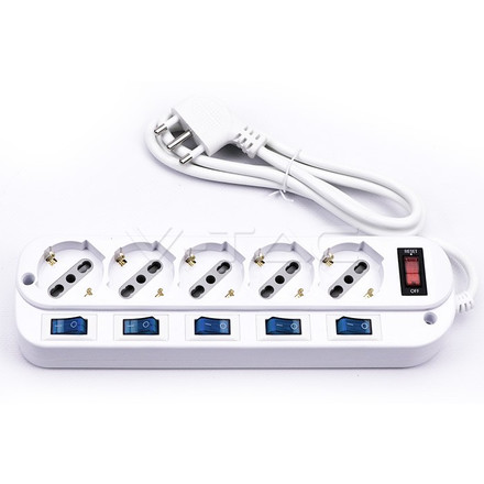 5 Pos 10/16A Bipasso/Schuko 250V~Max:3500W Con Protezione Sovratensioni e Interruttore Generale Luminoso e 5 interrutori Indipendenti Cavo H05VV-F 3G1.0mmX1.5m Con Spina 16A 2P+T 