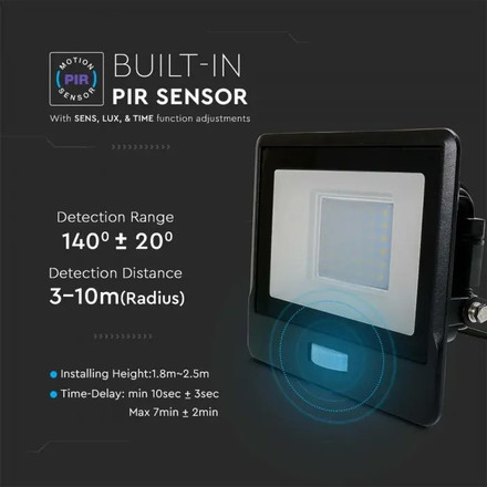 LED Прожектор с PIR сензор 30W 4000К SAMSUNG ЧИП Черно Тяло SKU 20263 V-TAC