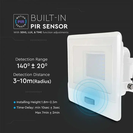 LED Прожектор с PIR сензор 30W 3000К SAMSUNG ЧИП Бяло Тяло SKU 20274 V-TAC