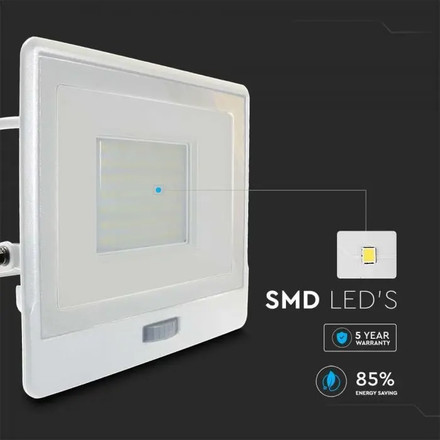 LED Прожектор с PIR сензор 50W 6500К SAMSUNG ЧИП Бяло Тяло и 1 метър кабел SKU 20303 V-TAC