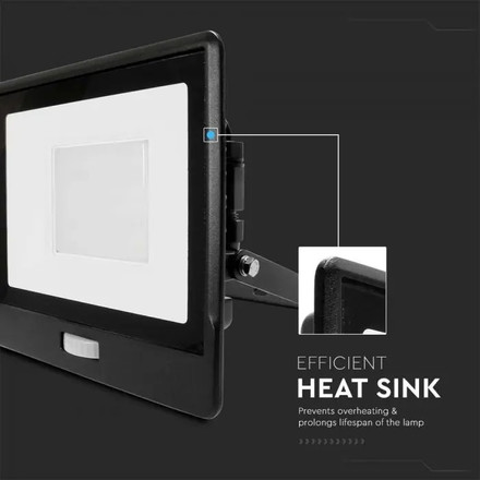 LED Прожектор с PIR сензор 50W 3000К SAMSUNG ЧИП Черно Тяло SKU 20265 V-TAC