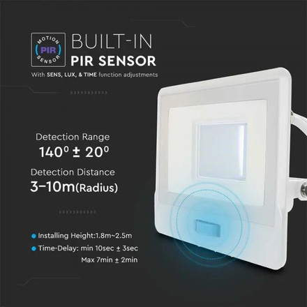 LED Прожектор с PIR сензор 30W 3000К SAMSUNG ЧИП Бяло Тяло и 1 метър кабел SKU 20298 V-TAC