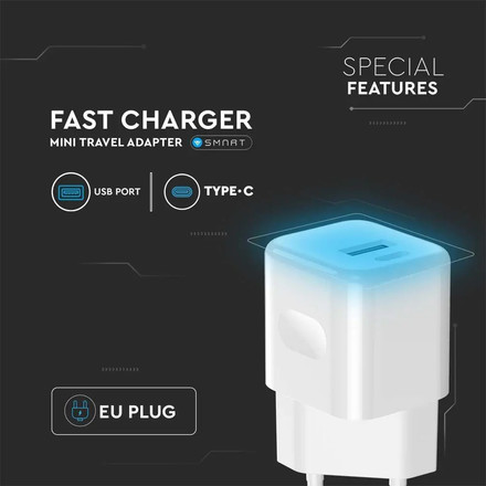 20W Charging Adapter With 1PD + 1 QC Port White