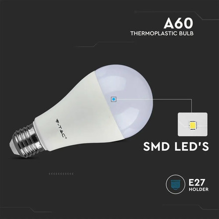 LED Крушка E27 8.5W 3000K A60 Термо Пластик 3Бр/Сет SKU 217240 V-TAC