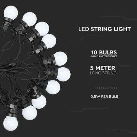 0.5W LED String Light 5M With 10 Bulbs EU 3000K SKU 217436 V-TAC