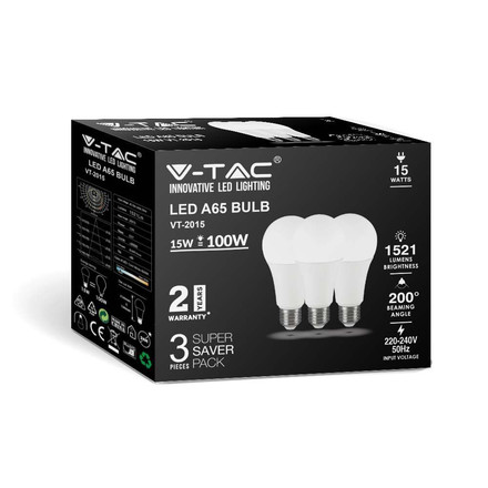 LED Крушка Е27 15W 4000К A60 блистер от 3 броя SKU 212820 V-TAC