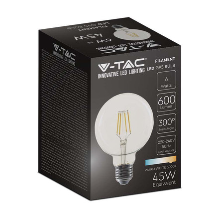 LED Крушка Е27 6W 3000К Филамент G95 SKU 214305 V-TAC