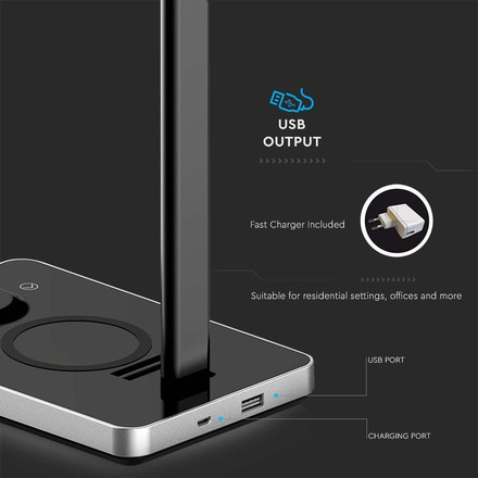 LED Настолна Лампа с безжично зарядно за GSM 7W 3 в 1 Сменяем Спектър Черна Правоъгълна Основа SKU 218602 V-TAC