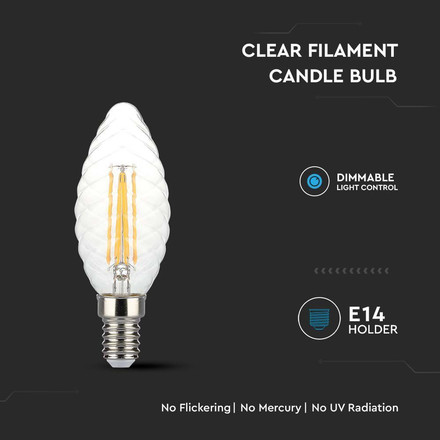 LED Крушка E14 4W 3000K Филамент Кендъл Спирала Димиращa SKU 214367 V-TAC