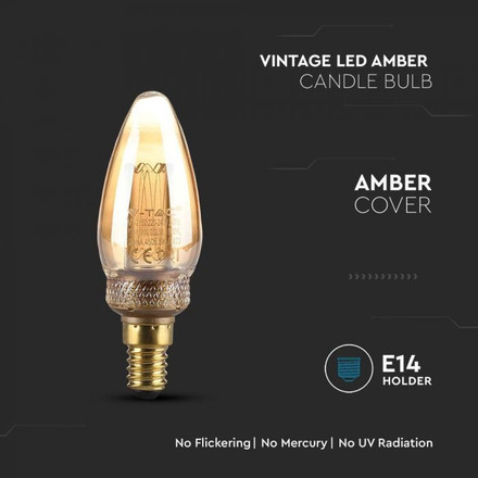 LED Bulb - 2W Filament E14 Amber Art Candle 1800K