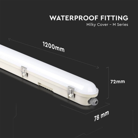 LED Waterproof Fitting M-SERIES 1200mm 36W 6400K Milky Cover SS Clip 120LM/W