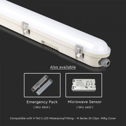 LED Waterproof Fitting M-SERIES 1500mm 48W 6400K Milky Cover SS Clip 120LM/W