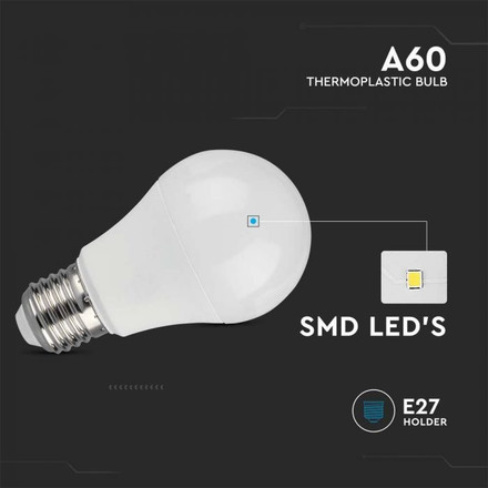 LED Крушка E27 10.5W 6400K A60 Термо Пластик 10 броя сет SKU 217351 V-TAC