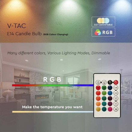 LED Крушка Е14 4.8W RGB+4000K Димираща с Дистанционно SKU 2929 V-TAC