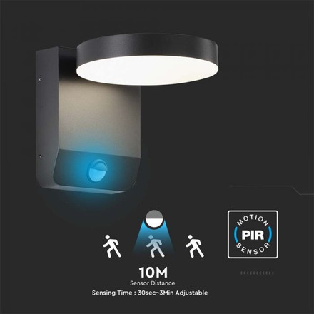 17W LED Wall Light Sensor Black Body Round 3000K IP65