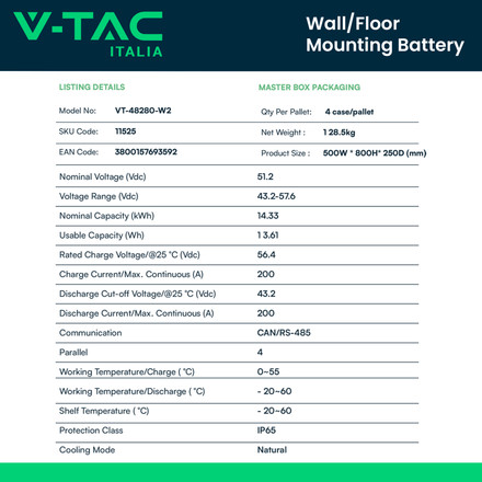 14kWh Литиева батерия за соларни системи за монтаж на стена IP65 6000 Цикъла SKU 11525 V-TAC