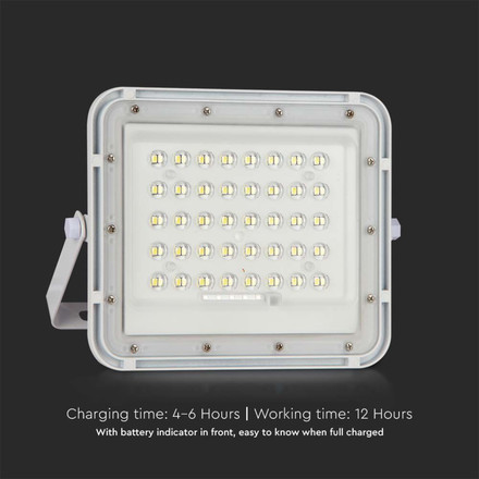 6W LED Соларен Прожектор 6400K Сменяема Батерия Бяло Тяло SKU 7839 V-TAC