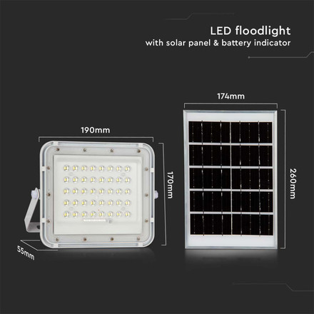 6W LED Solar Floodlight 6400K Replaceable Battery 3m Wire White Body