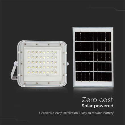 10W LED Соларен Прожектор 6400K Сменяема Батерия Бяло Тяло SKU 7841 V-TAC