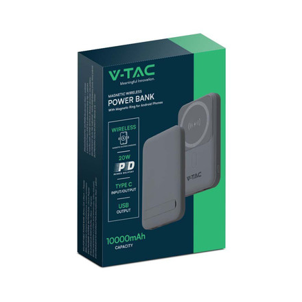 Магнитна Безжична Външна Батерия 10000mah С Метален Ринг Сива SKU 23040 V-TAC