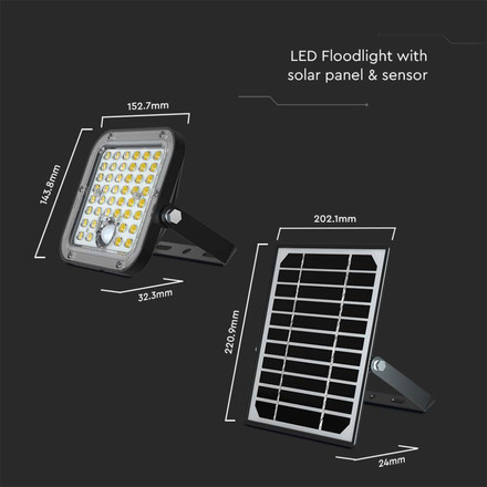 10W LED Solar Floodlight LiFePo Battery 3.7V Black 6000K