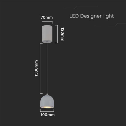 LED Пендъл 8.5W 3000K Φ100 Сив SKU 7992 V-TAC