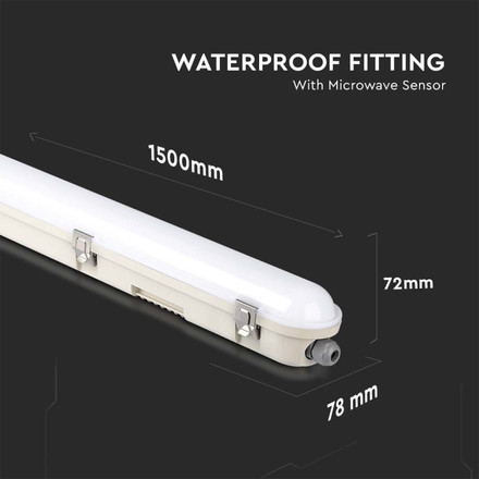 LED Waterproof Fitting SAMSUNG CHIP - 150CM 48W Sensor Milky Cover + SS Clips 4000K