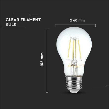 LED Крушка Е27 4W Filament E27 A60 Прозрачно Покритие 6400K SKU 217120 V-TAC